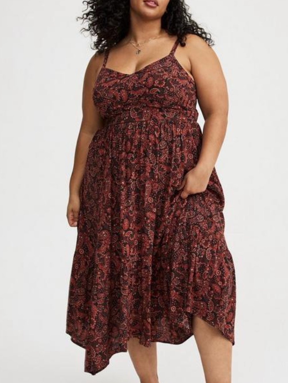 Torrid Women’s Red Paisley Tiered Hanky Hem Dress